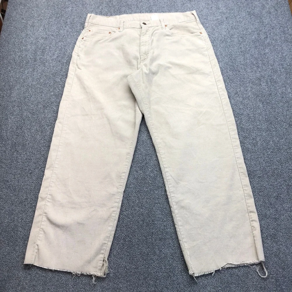 Vintage Levis Corduroy Pants Mens 37x27 Beige Tan Straight Leg Raw Hem Frayed